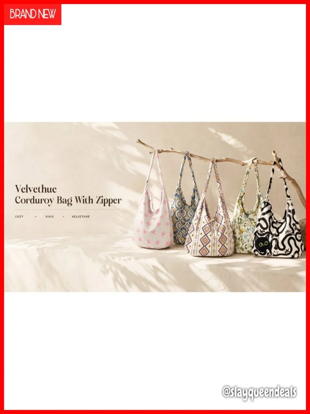 Corduroy Hobo Bag Large Zipper Tote Floral